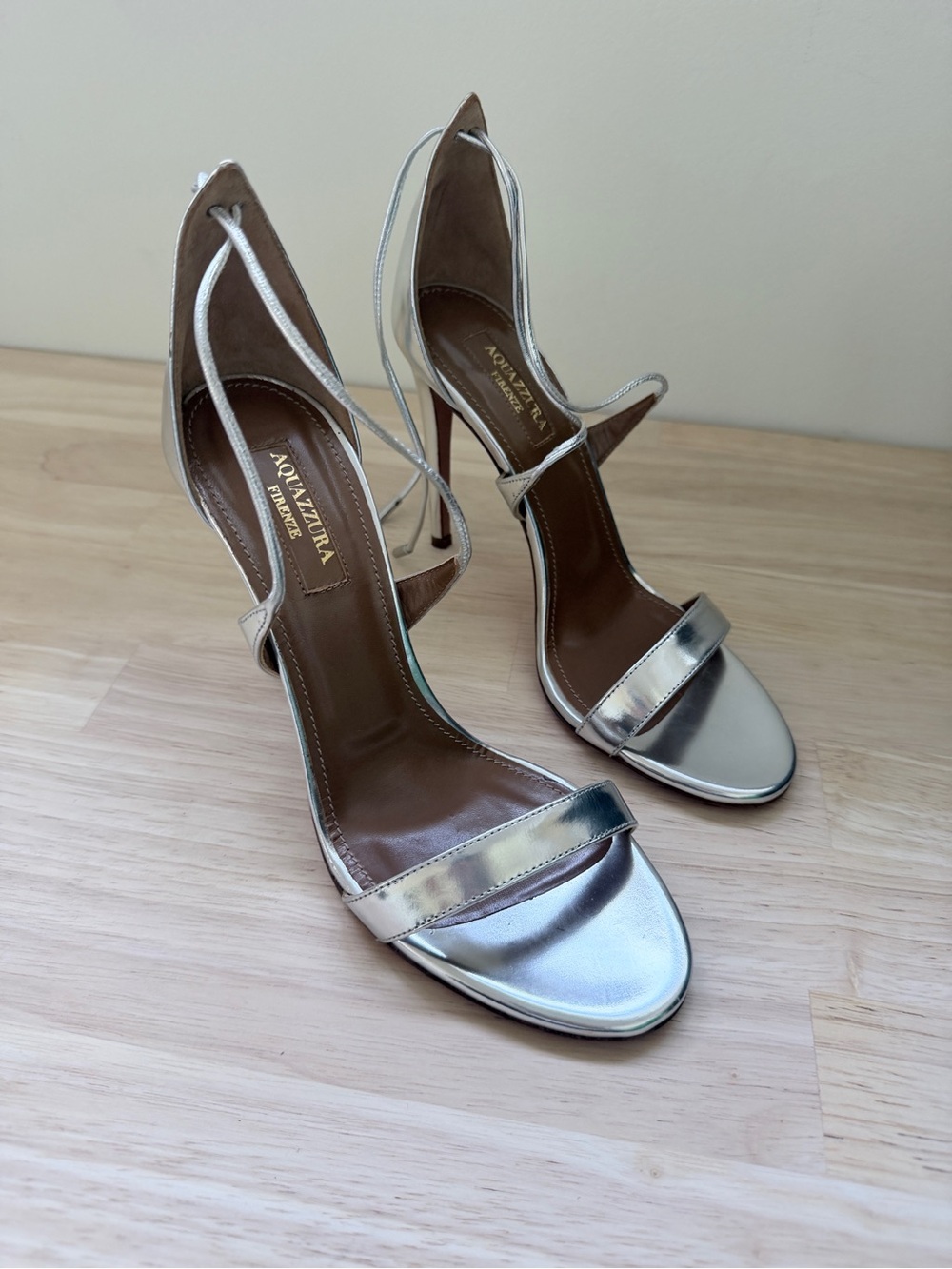 Aquazzura Linda 105 Silver Leather Ankle Tie Heels 36| Metallic Italian Luxury